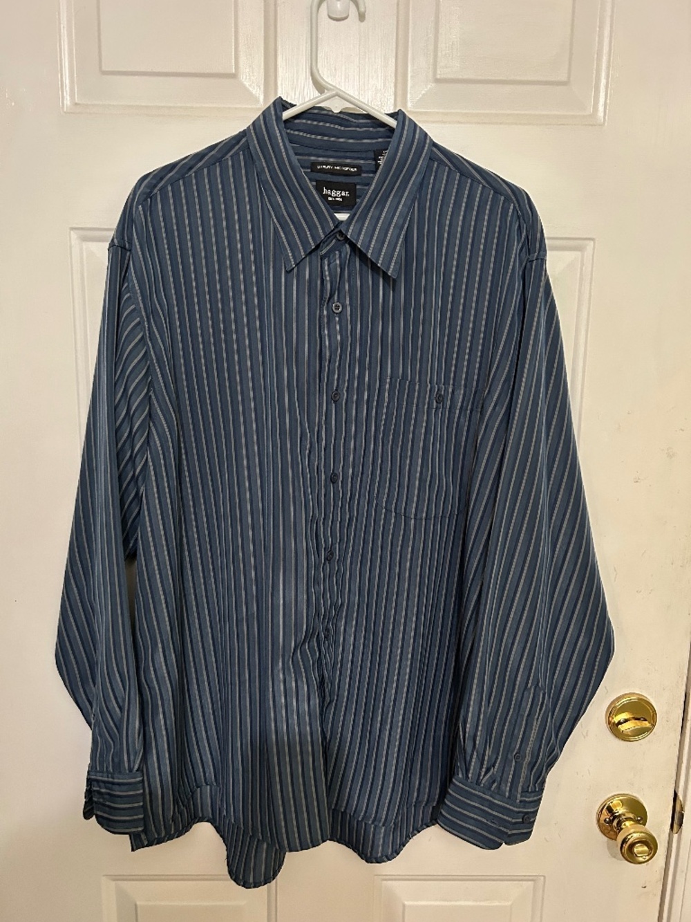 Haggar Long Sleeve Dress Shirt, XXL, Blue w/navy and gray stripes